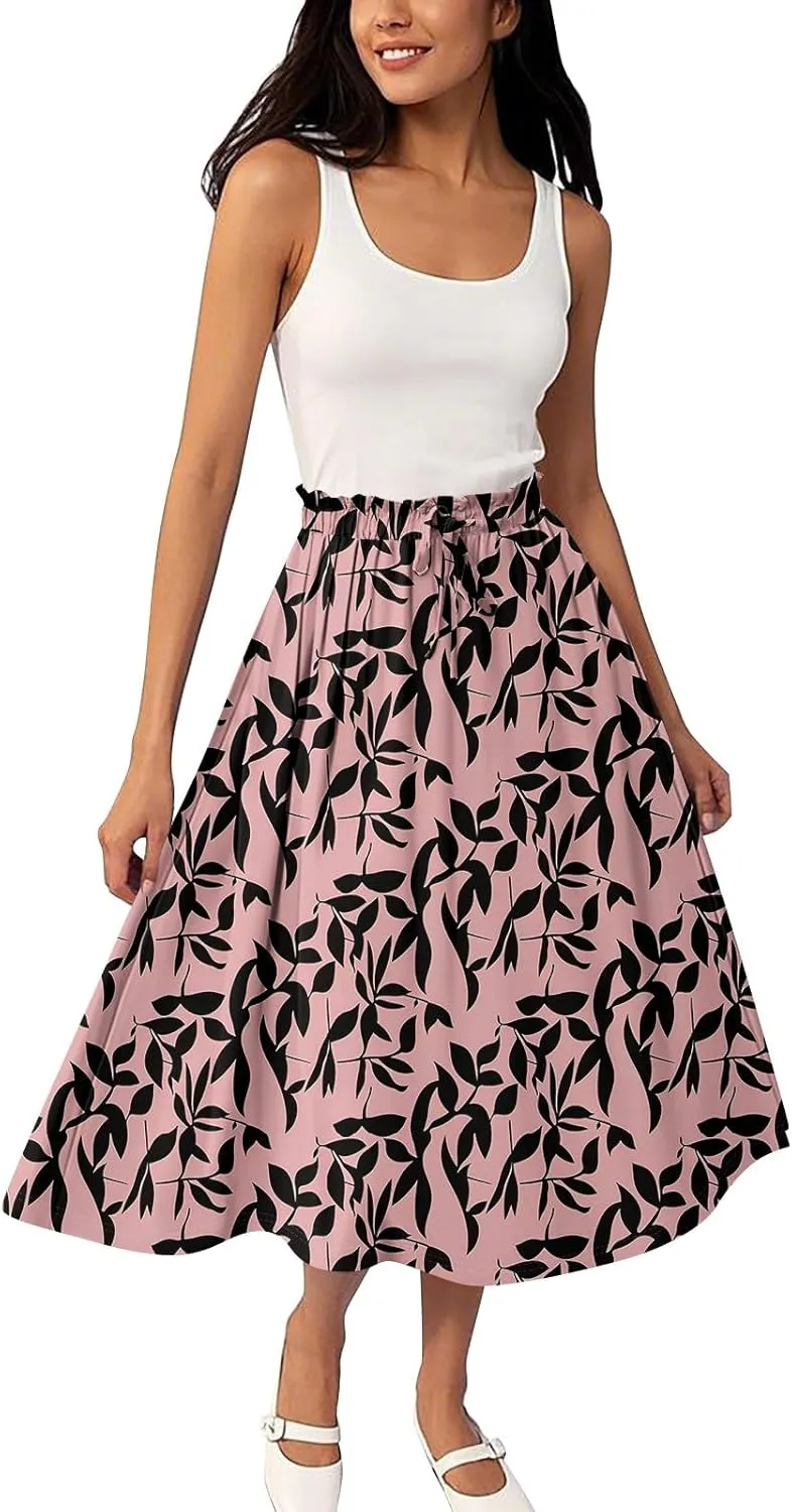 ADHOWBEW Womens Floral Maxi Skirt Summer Casual Smocked Sexy Elastic Waist Trendy Cotton Flowy Skirts