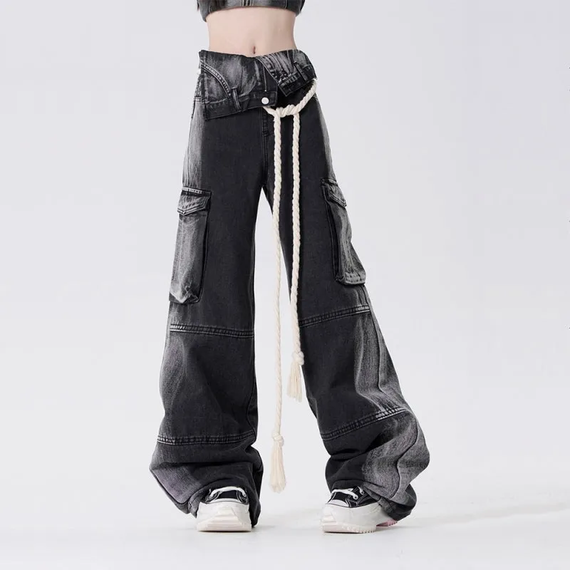 American Style Black And Gray Straight-leg Work Jeans