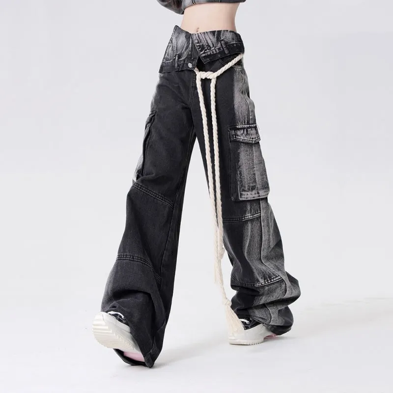 American Style Black And Gray Straight-leg Work Jeans