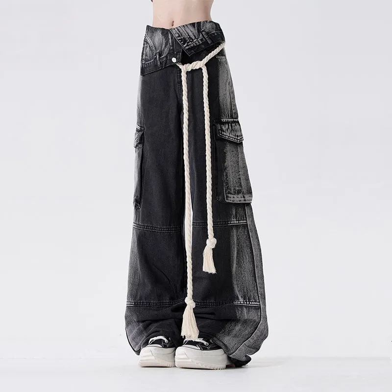 American Style Black And Gray Straight-leg Work Jeans