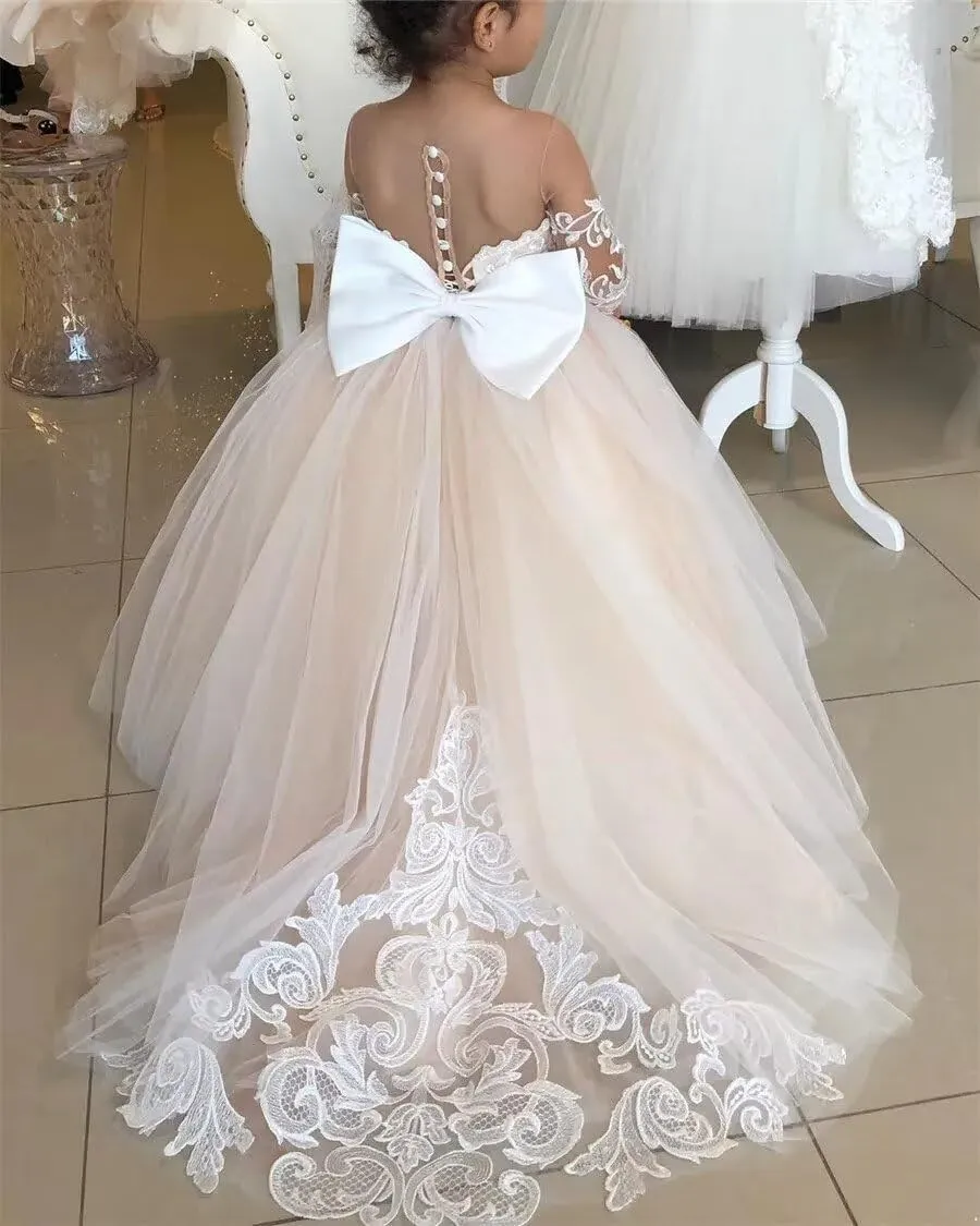 BOLENSYE Lace Long Sleeve Flower Girls Dress for Wedding Puffy Tulle Crew Neck Pageant Prom Ball Gown with Bow