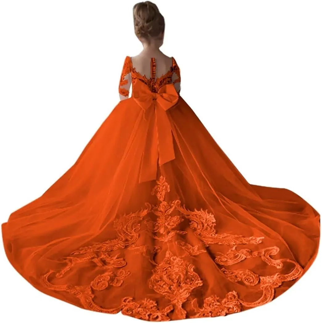 BOLENSYE Lace Long Sleeve Flower Girls Dress for Wedding Puffy Tulle Crew Neck Pageant Prom Ball Gown with Bow