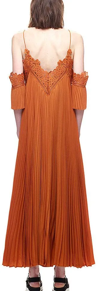 Burnt Orange Pleated Dress with Off-Shoulder Detail