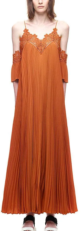 Burnt Orange Pleated Dress with Off-Shoulder Detail