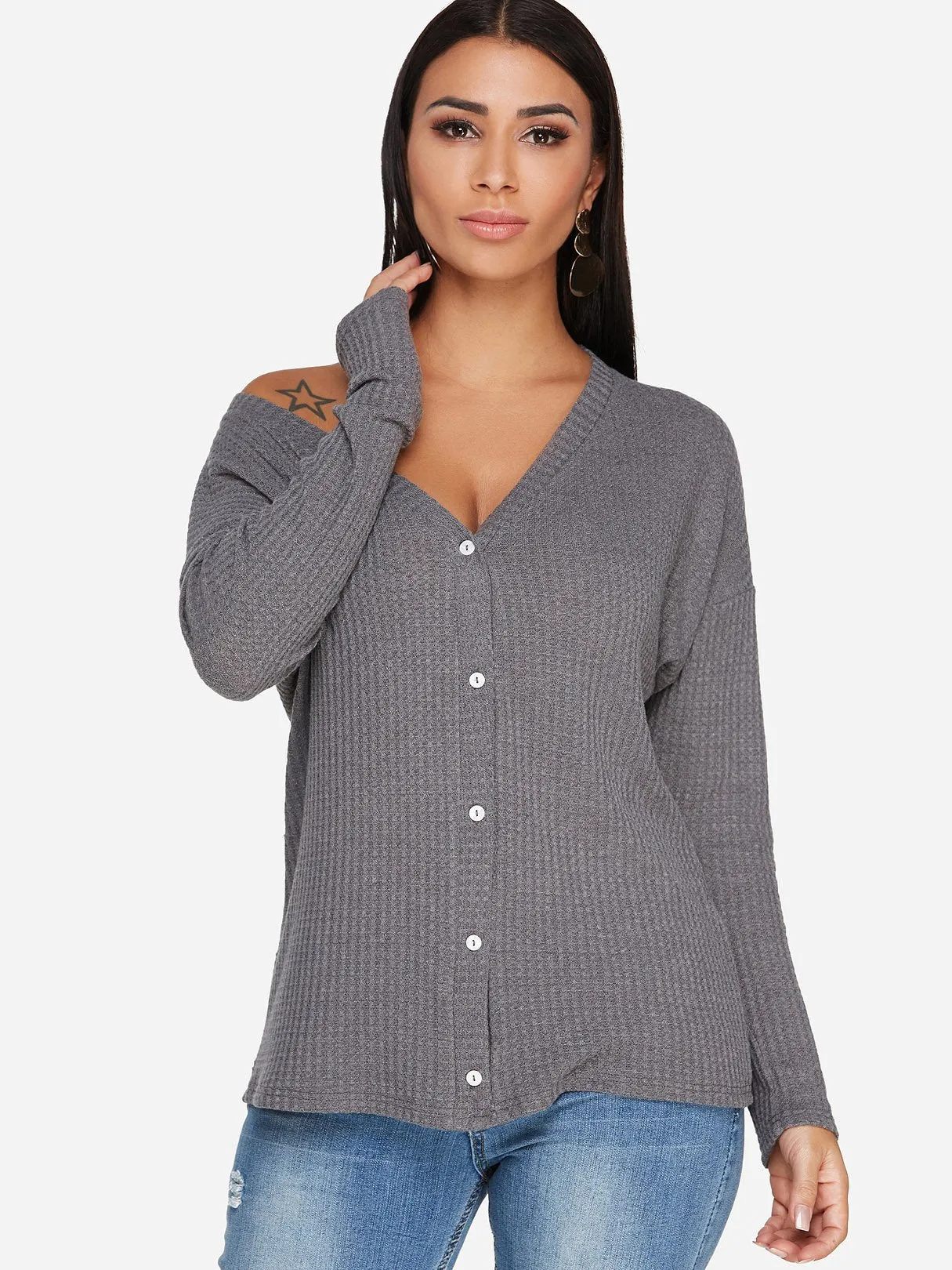 Custom Long Sleeve Fashion V-Neck Grey T-Shirts
