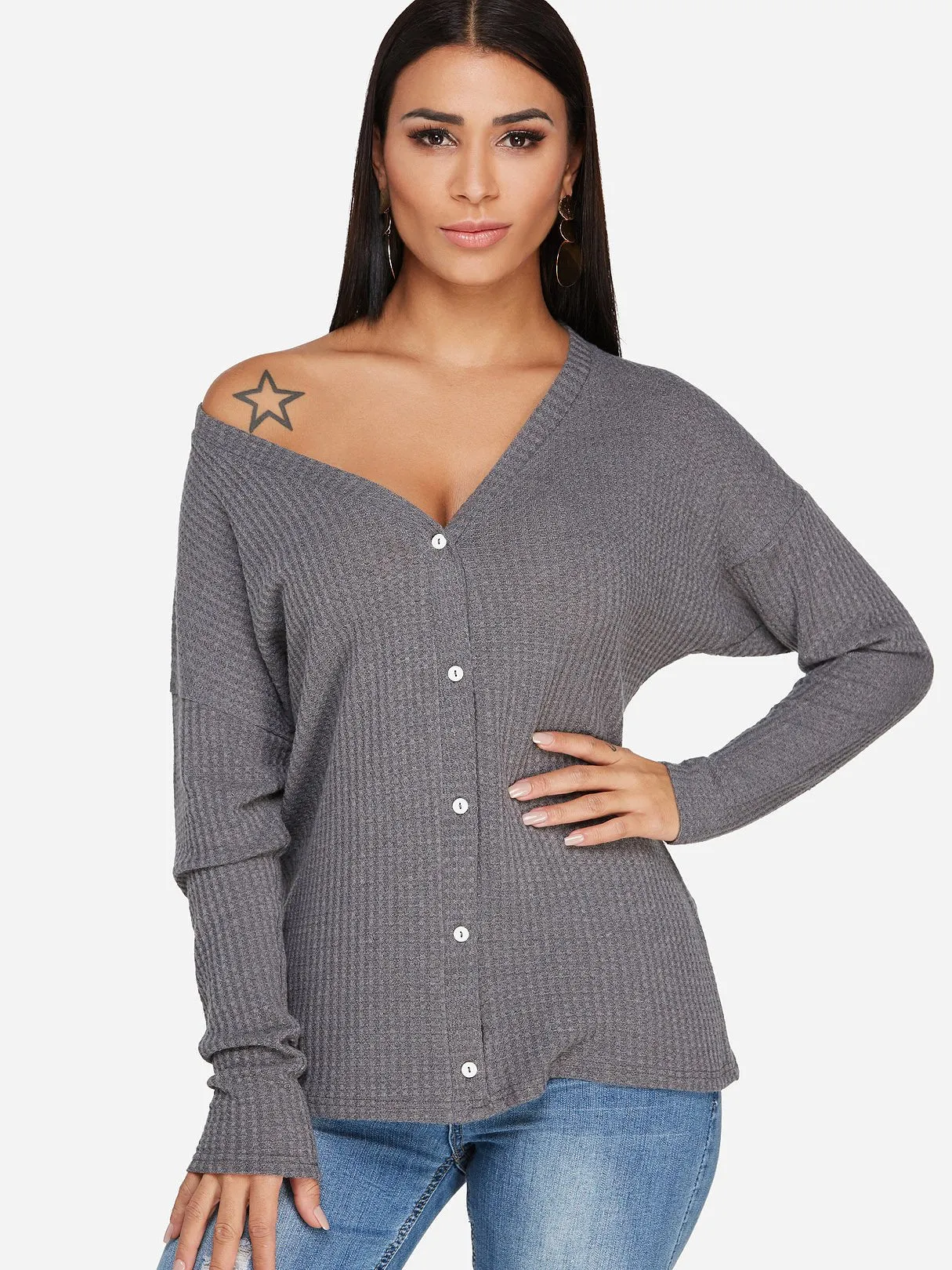 Custom Long Sleeve Fashion V-Neck Grey T-Shirts