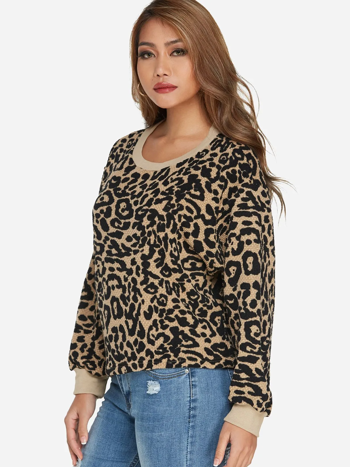 Custom Round Neck Leopard Long Sleeve Khaki T-Shirts