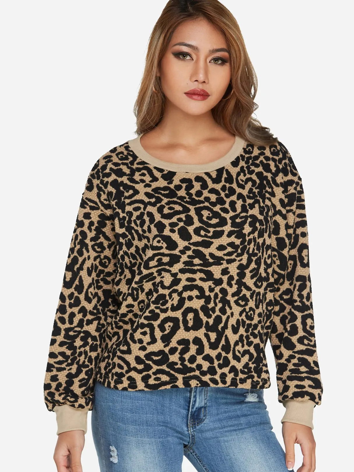 Custom Round Neck Leopard Long Sleeve Khaki T-Shirts
