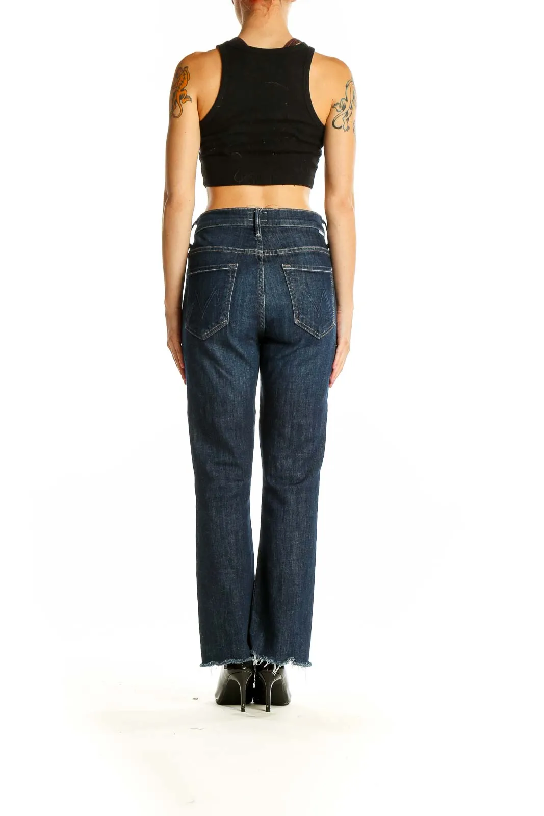 Dark Blue Frayed Hem Straight Leg Jeans