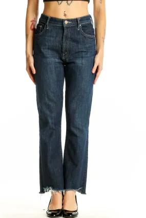 Dark Blue Frayed Hem Straight Leg Jeans