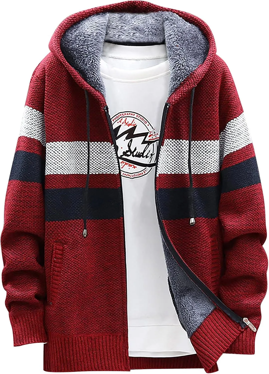 DuDubaby Men's Fall And Winter Casual Sweater Jacket Warm Knit Sweater Hooded Hoodie
