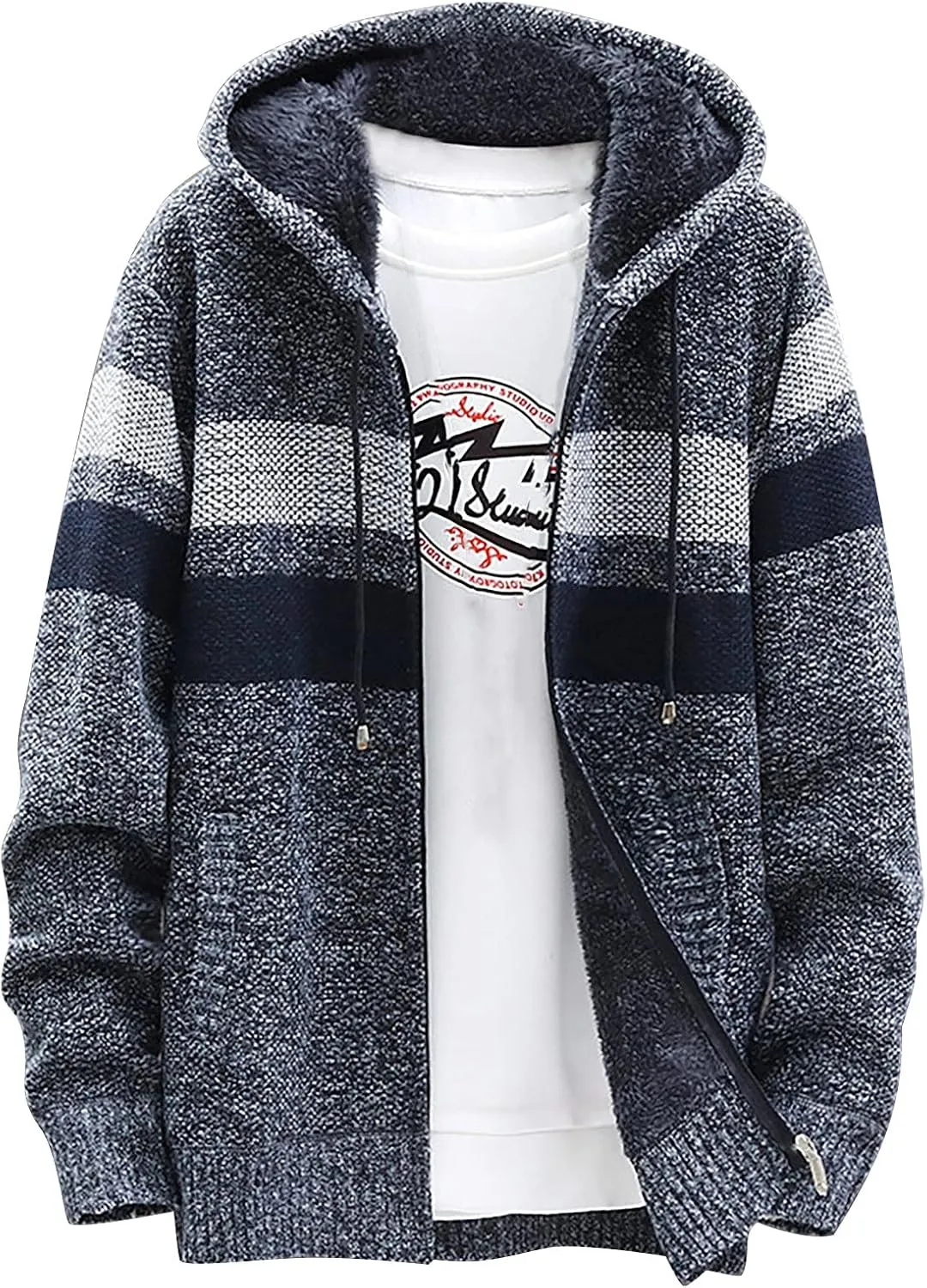 DuDubaby Men's Fall And Winter Casual Sweater Jacket Warm Knit Sweater Hooded Hoodie