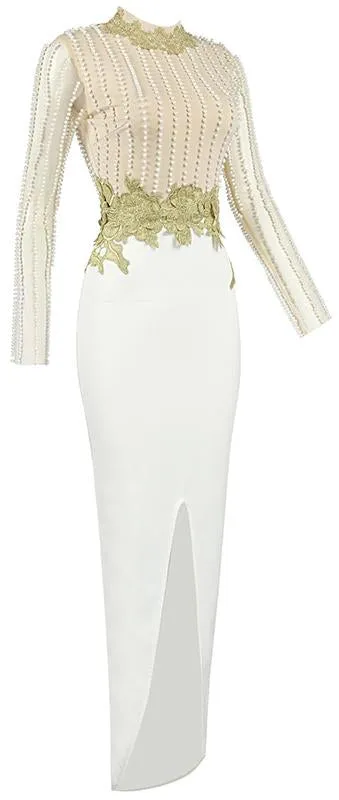 Embroidered Pearl-Embellished Maxi Dress