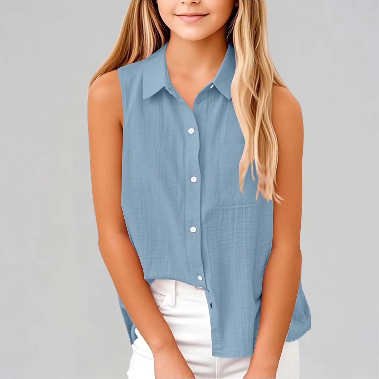 Girls Cotton Linen Shirt Sleeveless Button Up Lapel Collar Solid Color Tank Tops Fashion Casual Boho Vacation Tshirts