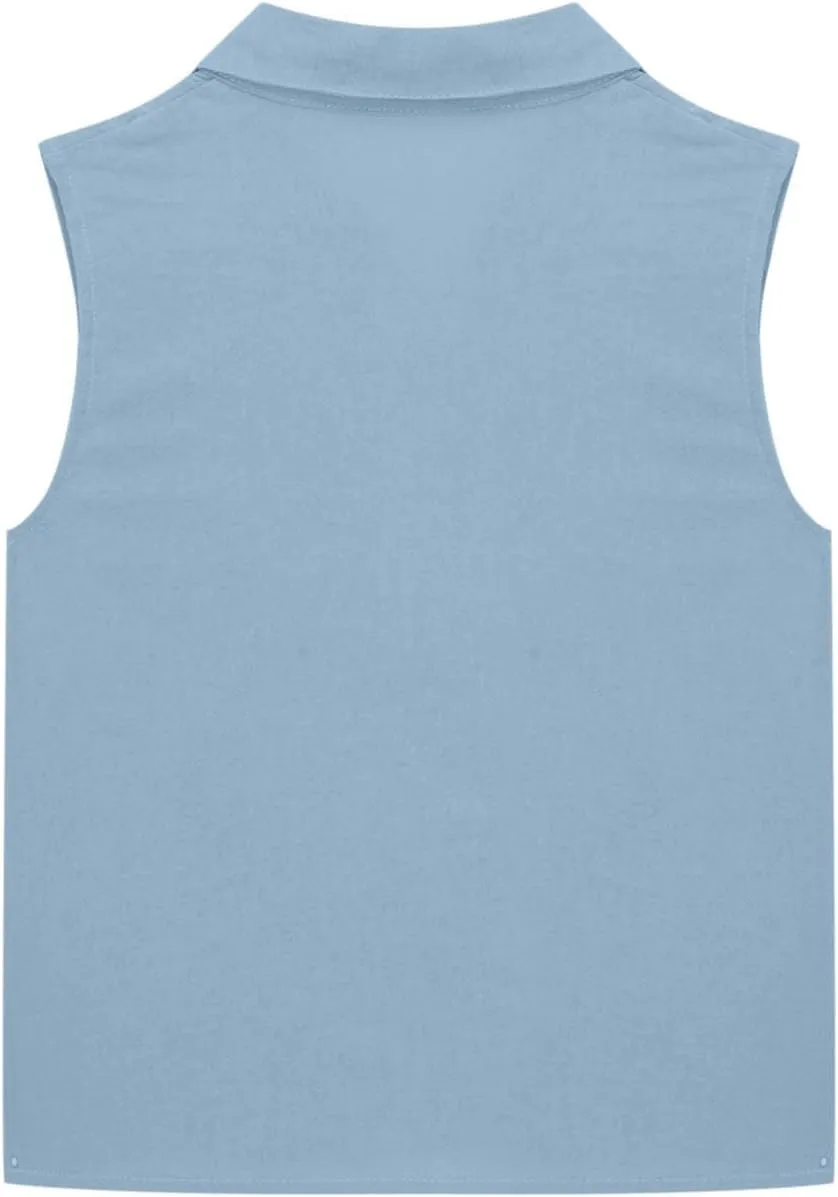 Girls Cotton Linen Shirt Sleeveless Button Up Lapel Collar Solid Color Tank Tops Fashion Casual Boho Vacation Tshirts
