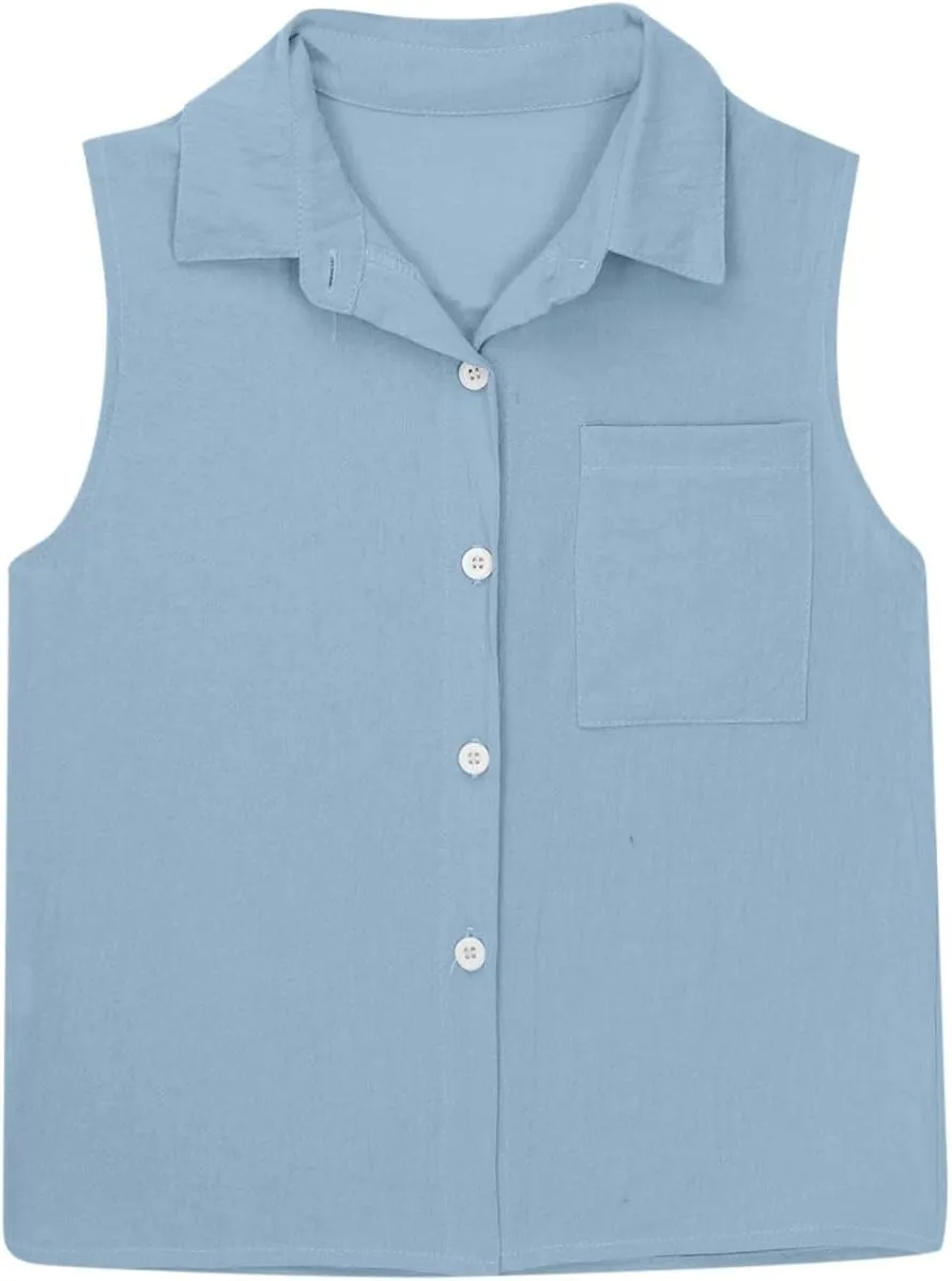 Girls Cotton Linen Shirt Sleeveless Button Up Lapel Collar Solid Color Tank Tops Fashion Casual Boho Vacation Tshirts