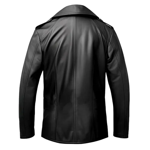 Leather Jets Mens Black Genuine Sheepskin Notched Lapel Collar Winter Double Breasted Retro Office Outfit Leather Pea Coat