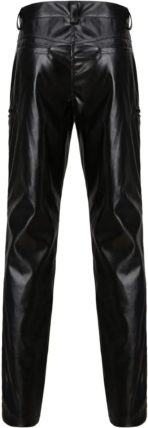 Leather Pants Men Slim Fit Mens Pants Skinny Motorcycle Biker Pants Casual Straight Leg PU Club Trousers Jeans with Pockets