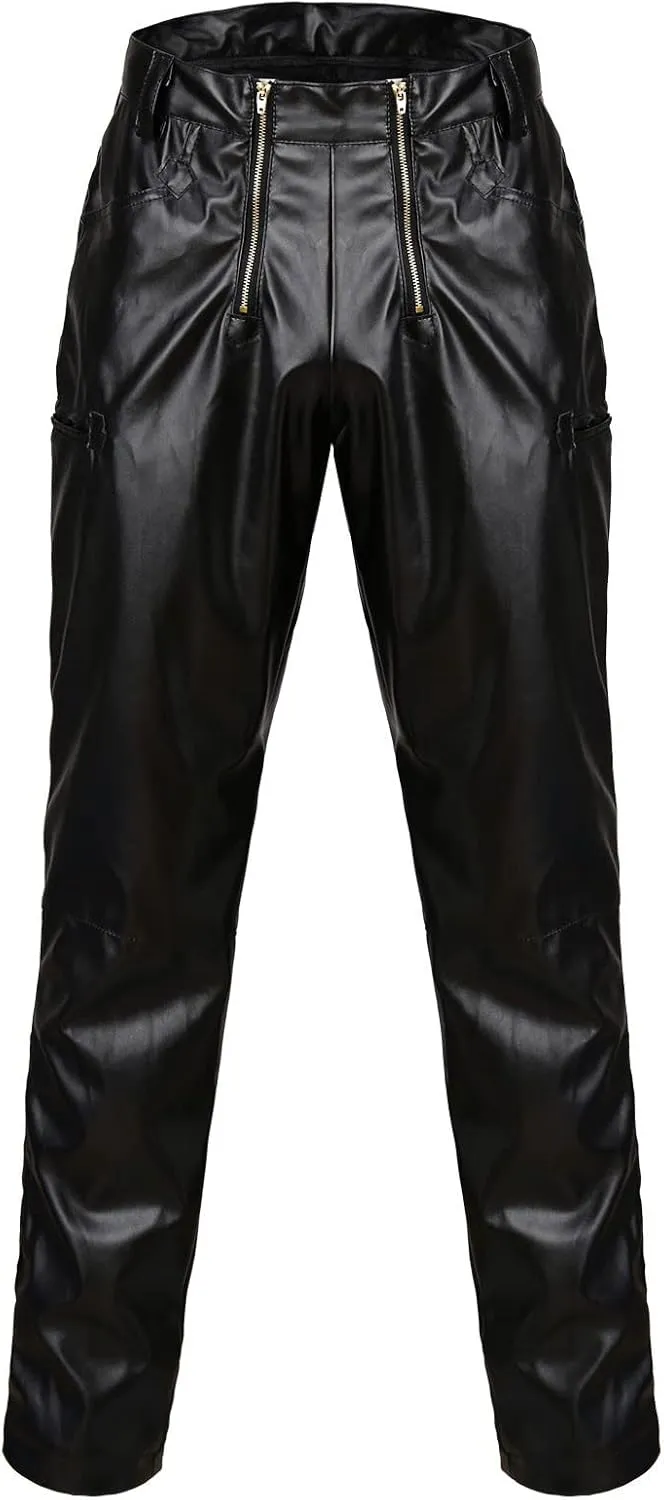 Leather Pants Men Slim Fit Mens Pants Skinny Motorcycle Biker Pants Casual Straight Leg PU Club Trousers Jeans with Pockets