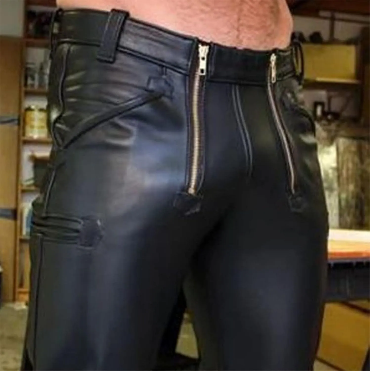 Leather Pants Men Slim Fit Mens Pants Skinny Motorcycle Biker Pants Casual Straight Leg PU Club Trousers Jeans with Pockets