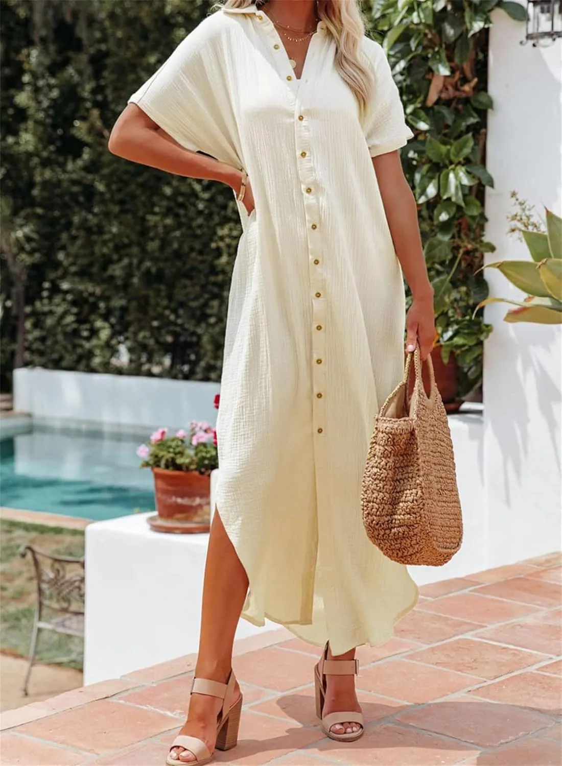 Linen Dresses for Women Short Sleeve Side Split Button Down Long Kimonos Cardigans Casual Cover Up Summer Beach Dress