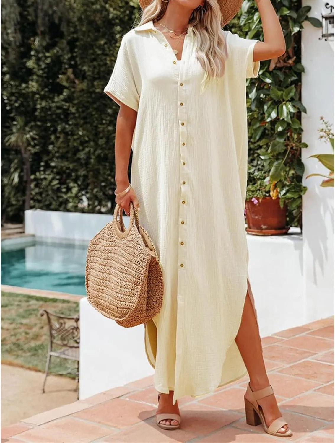 Linen Dresses for Women Short Sleeve Side Split Button Down Long Kimonos Cardigans Casual Cover Up Summer Beach Dress