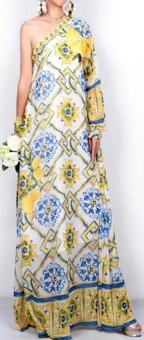 Long Tile Printed Satin One-Sleeve Maxi Dress