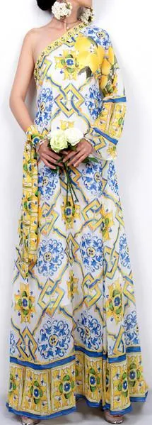 Long Tile Printed Satin One-Sleeve Maxi Dress