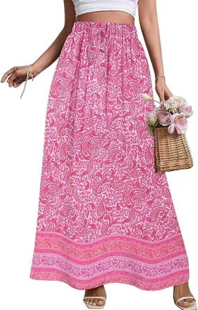 Maxi Boho Floral Skirts for Women 2025 Trendy Summer Drawstring Long Flowy Skirts High Elastic Waist A Line Skorts
