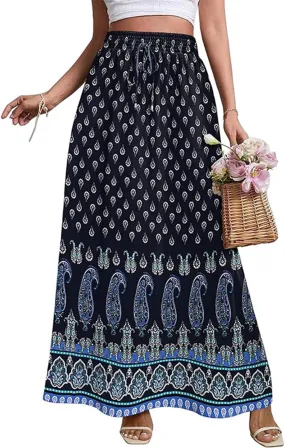 Maxi Boho Floral Skirts for Women 2025 Trendy Summer Drawstring Long Flowy Skirts High Elastic Waist A Line Skorts