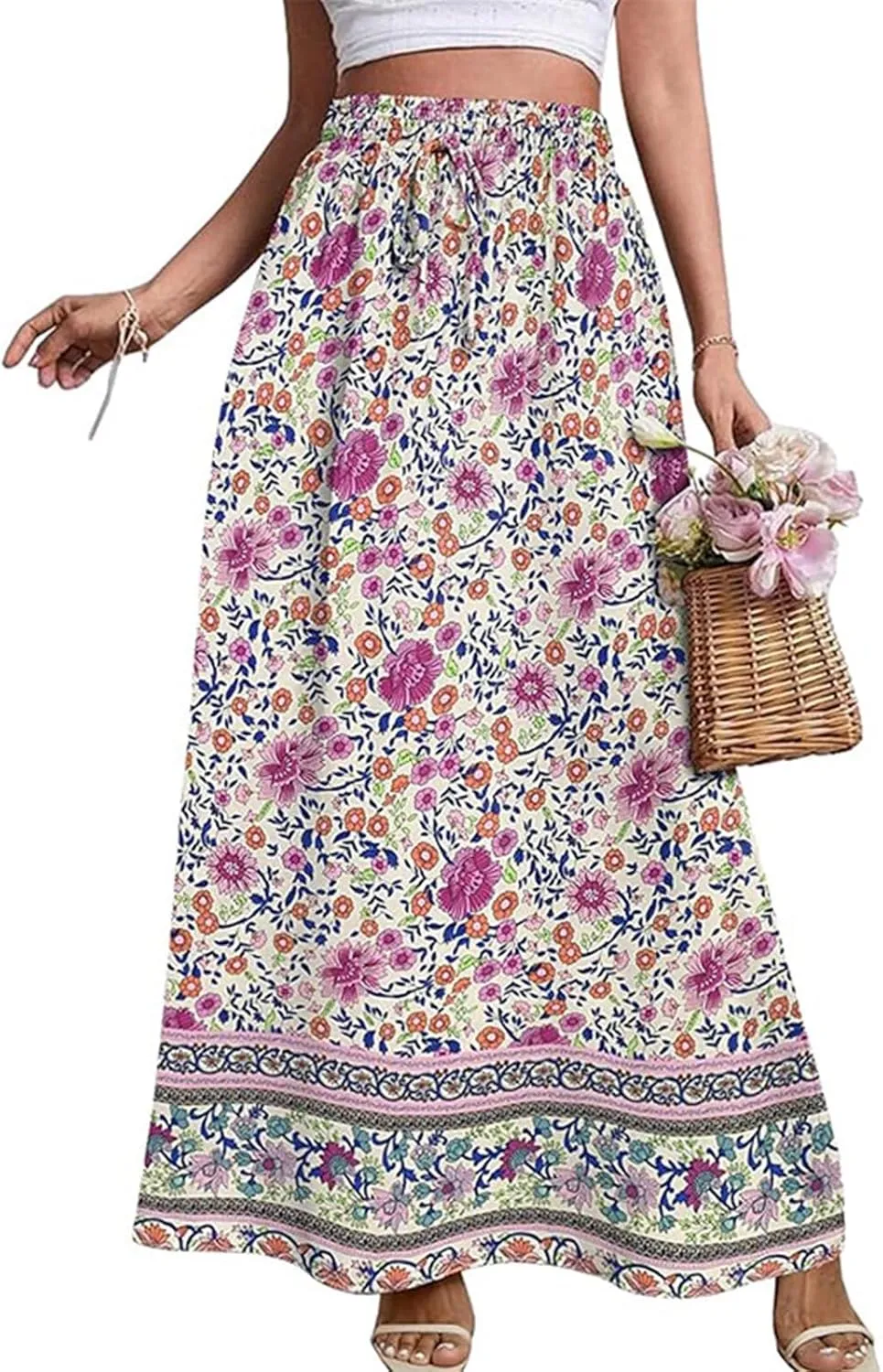 Maxi Boho Floral Skirts for Women 2025 Trendy Summer Drawstring Long Flowy Skirts High Elastic Waist A Line Skorts