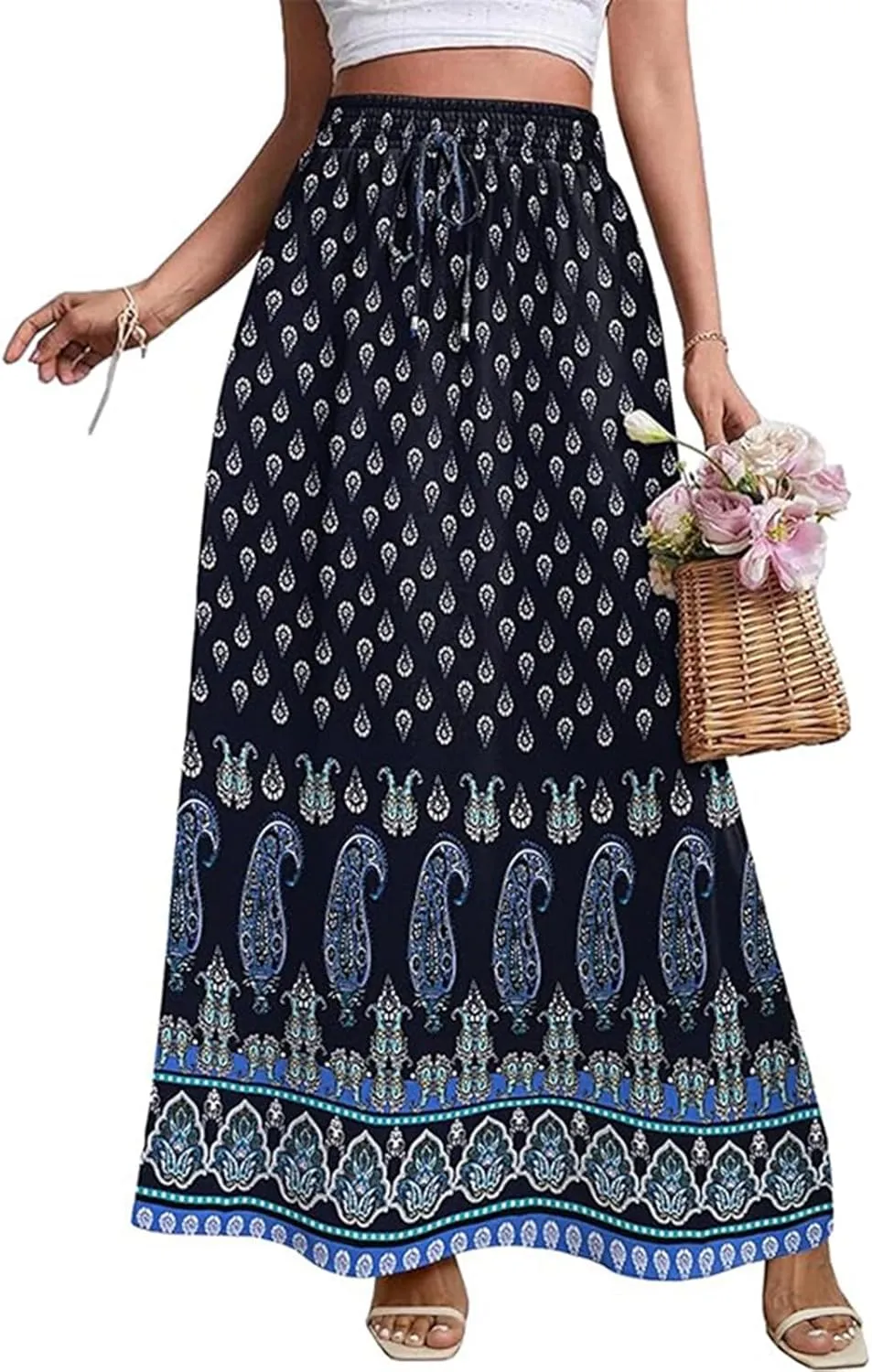 Maxi Boho Floral Skirts for Women 2025 Trendy Summer Drawstring Long Flowy Skirts High Elastic Waist A Line Skorts