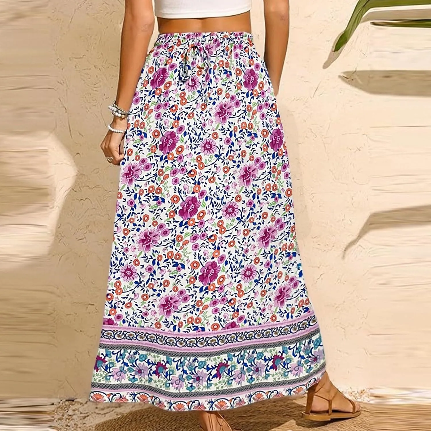 Maxi Boho Floral Skirts for Women 2025 Trendy Summer Drawstring Long Flowy Skirts High Elastic Waist A Line Skorts