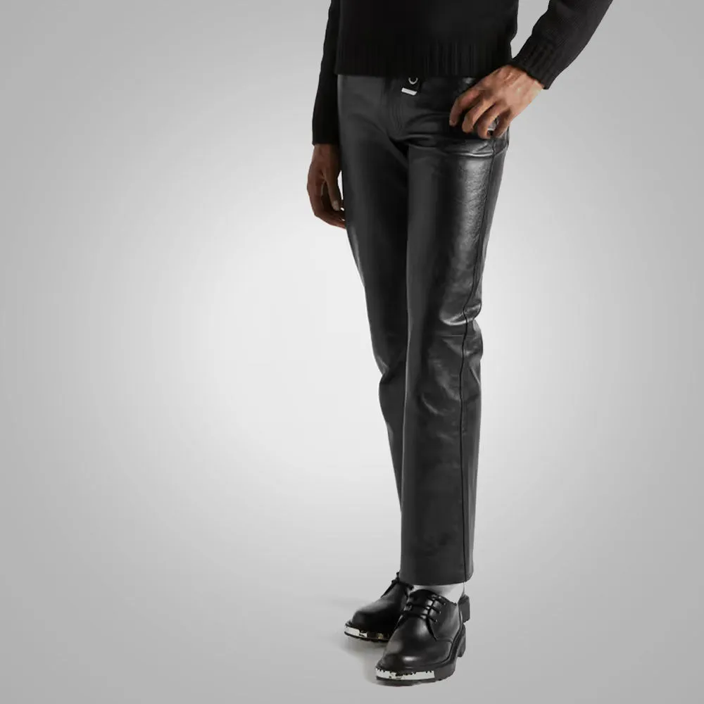 Mens Black New Style Fashion Leather Jean Pant