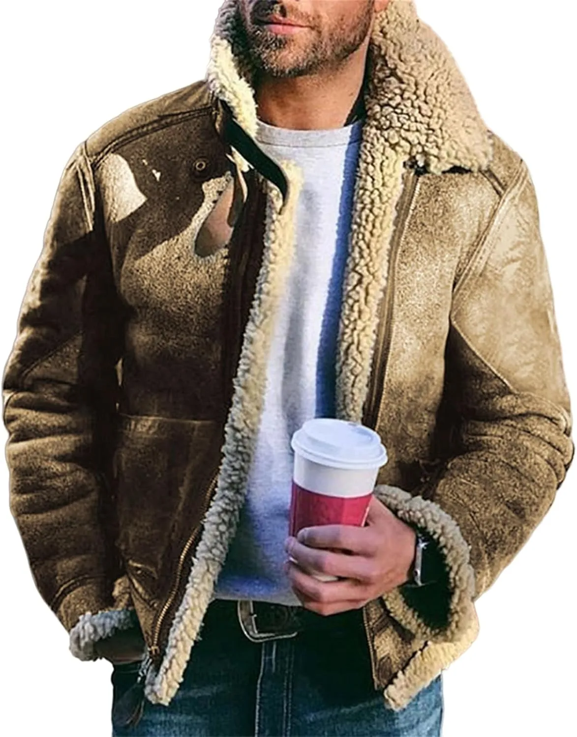 Men's Faux Leather Jacket Warm Sherpa Lined Lapel Zip-Up Motorcycle Bomber Jacket Winter Warm Thick Coat with Pocket