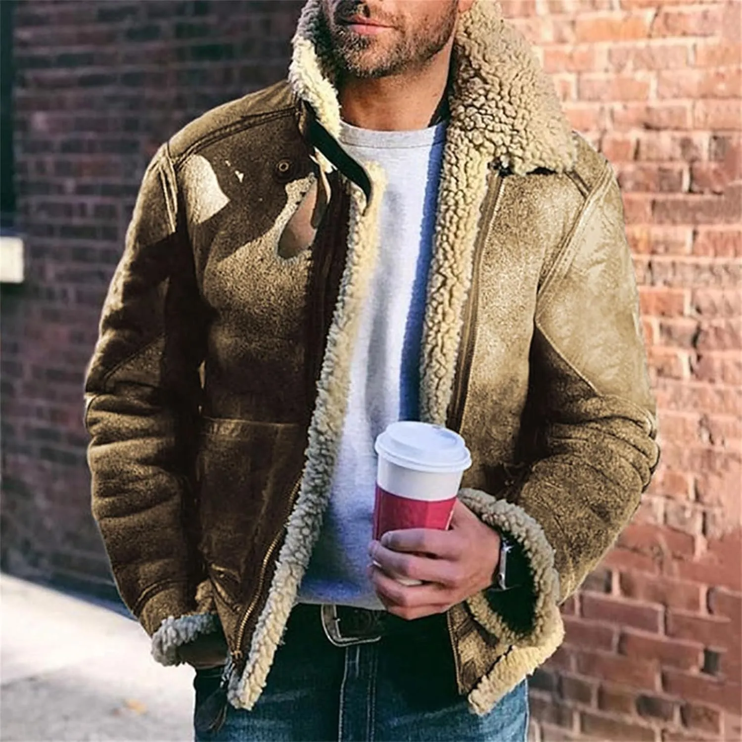 Men's Faux Leather Jacket Warm Sherpa Lined Lapel Zip-Up Motorcycle Bomber Jacket Winter Warm Thick Coat with Pocket