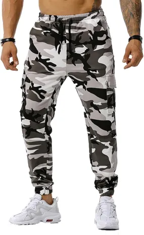 Mens Tactical Pants,Camo Cargo Pants Casual Outdoor Hiking Trousers Elastic Waist Drawstring Pocket Athletic Joggers