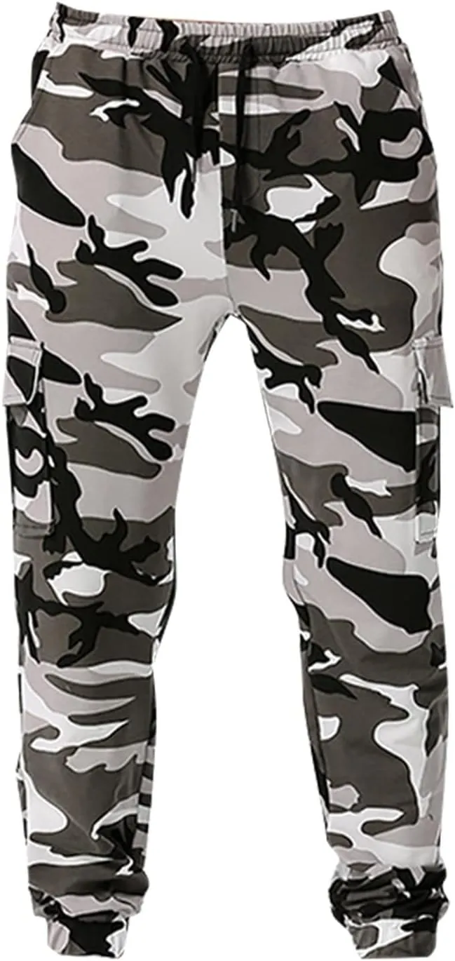 Mens Tactical Pants,Camo Cargo Pants Casual Outdoor Hiking Trousers Elastic Waist Drawstring Pocket Athletic Joggers