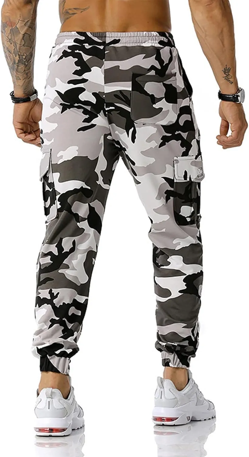 Mens Tactical Pants,Camo Cargo Pants Casual Outdoor Hiking Trousers Elastic Waist Drawstring Pocket Athletic Joggers