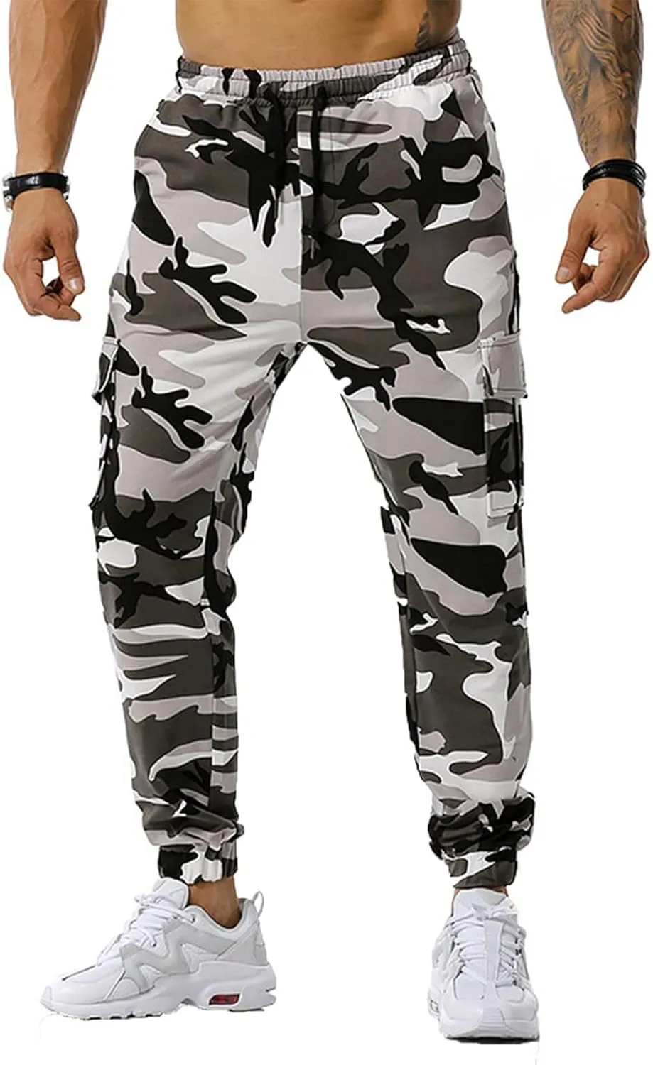 Mens Tactical Pants,Camo Cargo Pants Casual Outdoor Hiking Trousers Elastic Waist Drawstring Pocket Athletic Joggers