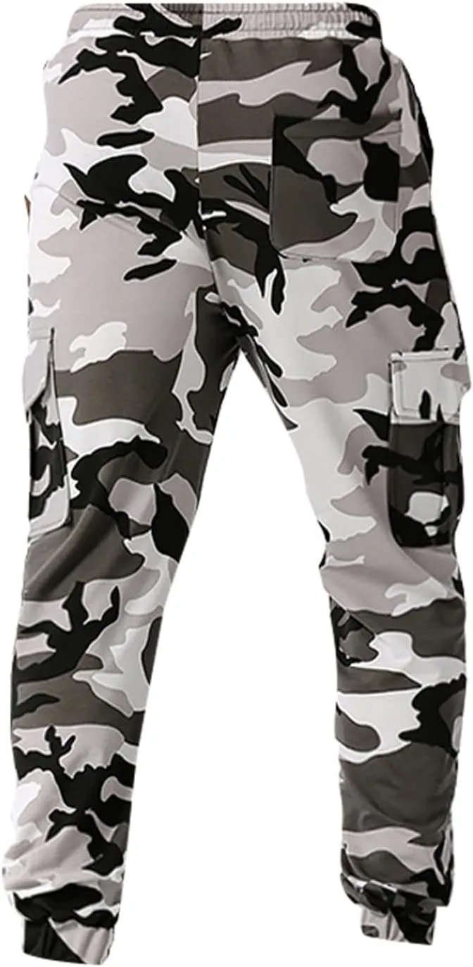 Mens Tactical Pants,Camo Cargo Pants Casual Outdoor Hiking Trousers Elastic Waist Drawstring Pocket Athletic Joggers