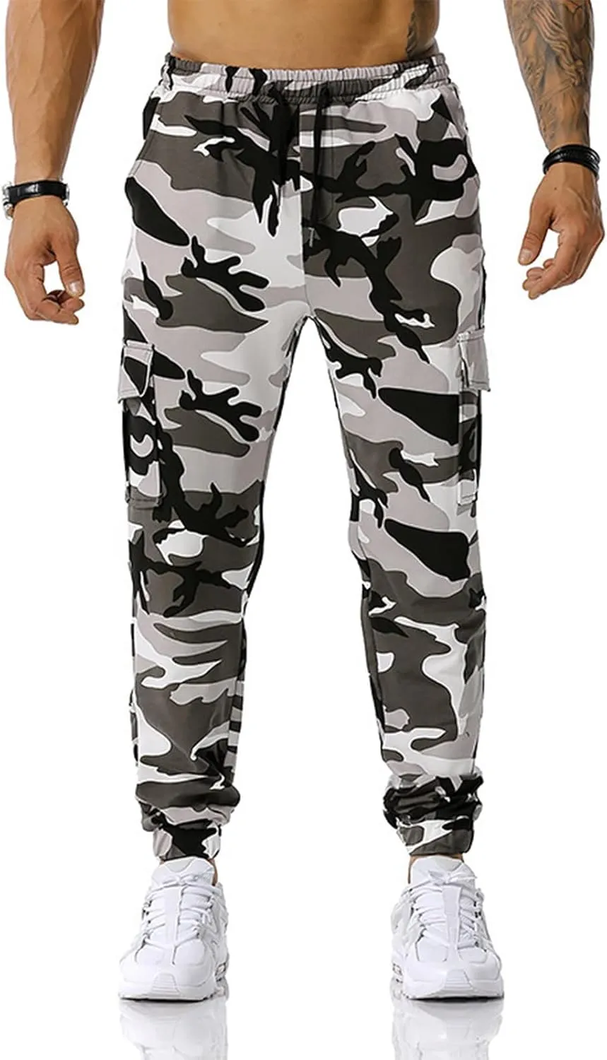 Mens Tactical Pants,Camo Cargo Pants Casual Outdoor Hiking Trousers Elastic Waist Drawstring Pocket Athletic Joggers