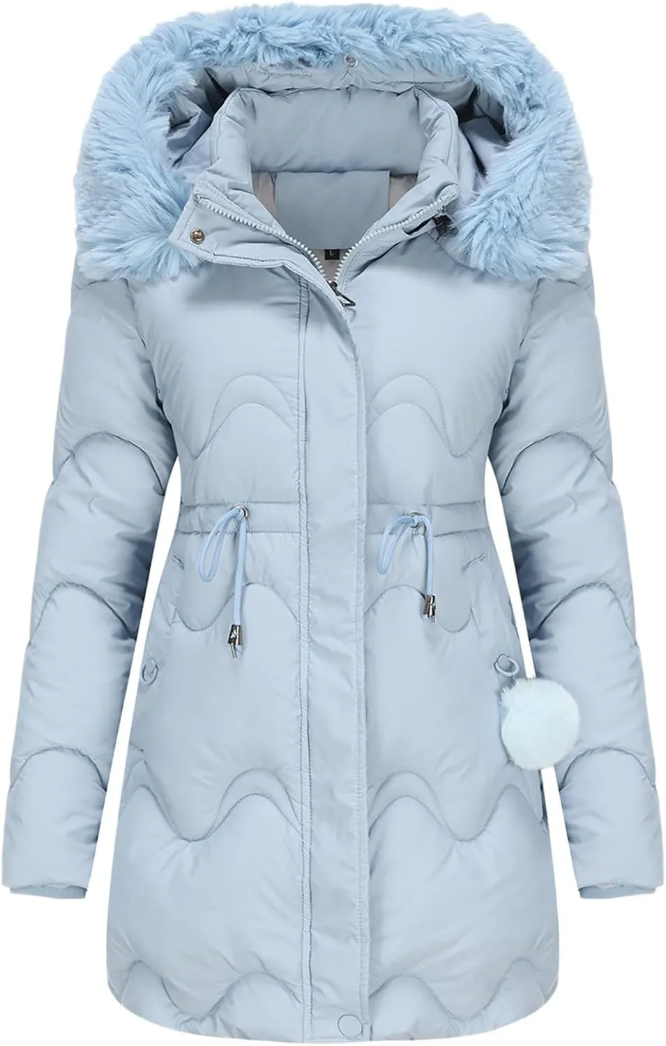 Puffer Jacket Womens Warm Winter Down Coats 2024 Long Length Quilted Maxi Puffer Solid Color Zip Jacket with Fur Hood