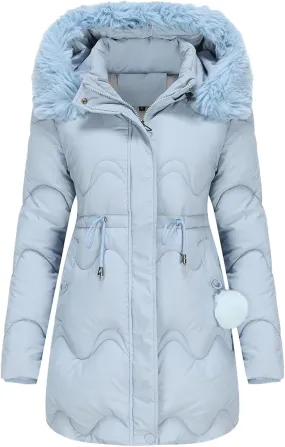 Puffer Jacket Womens Warm Winter Down Coats 2024 Long Length Quilted Maxi Puffer Solid Color Zip Jacket with Fur Hood