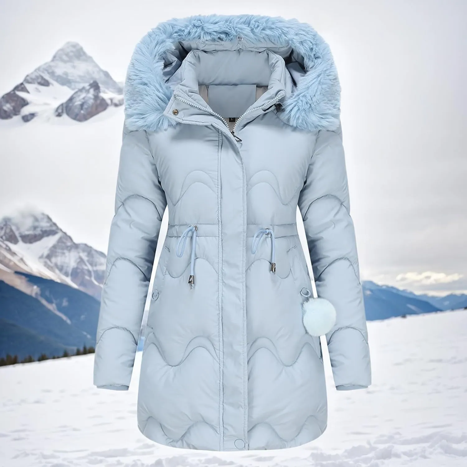Puffer Jacket Womens Warm Winter Down Coats 2024 Long Length Quilted Maxi Puffer Solid Color Zip Jacket with Fur Hood