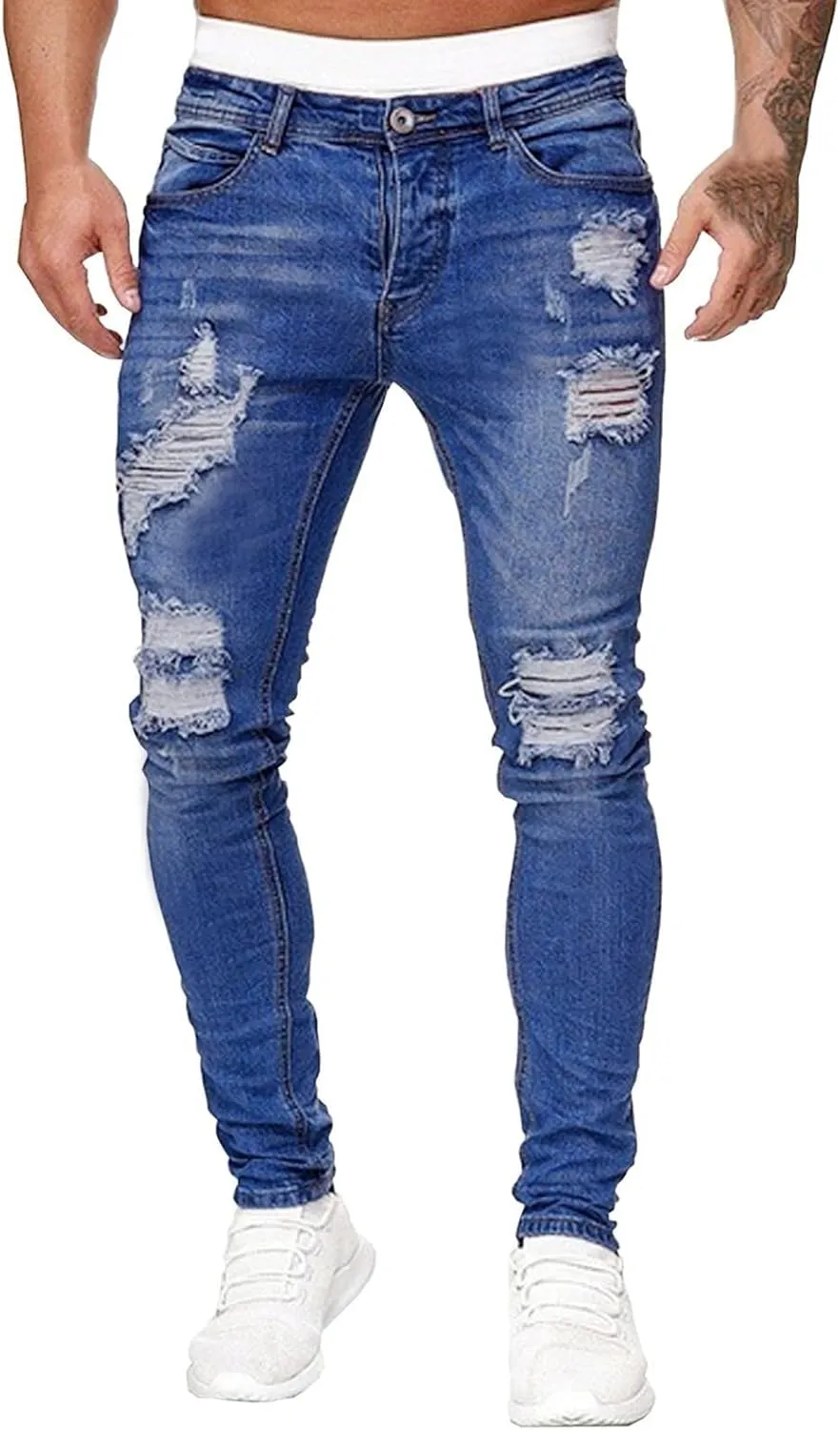 Ripped Jeans Men Baggy Classic Comfort Flex Retro Jeans Pants Lightweight Elastic Waist Denim Trousers