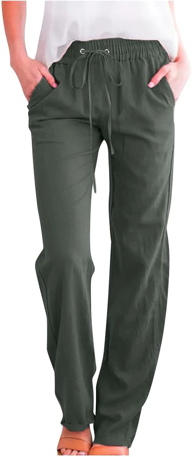 RKSTN High Waisted Wide Leg Pants for Women Casual Drawstring Elastic Trousers with Pockets Cotton Linen Long Pants