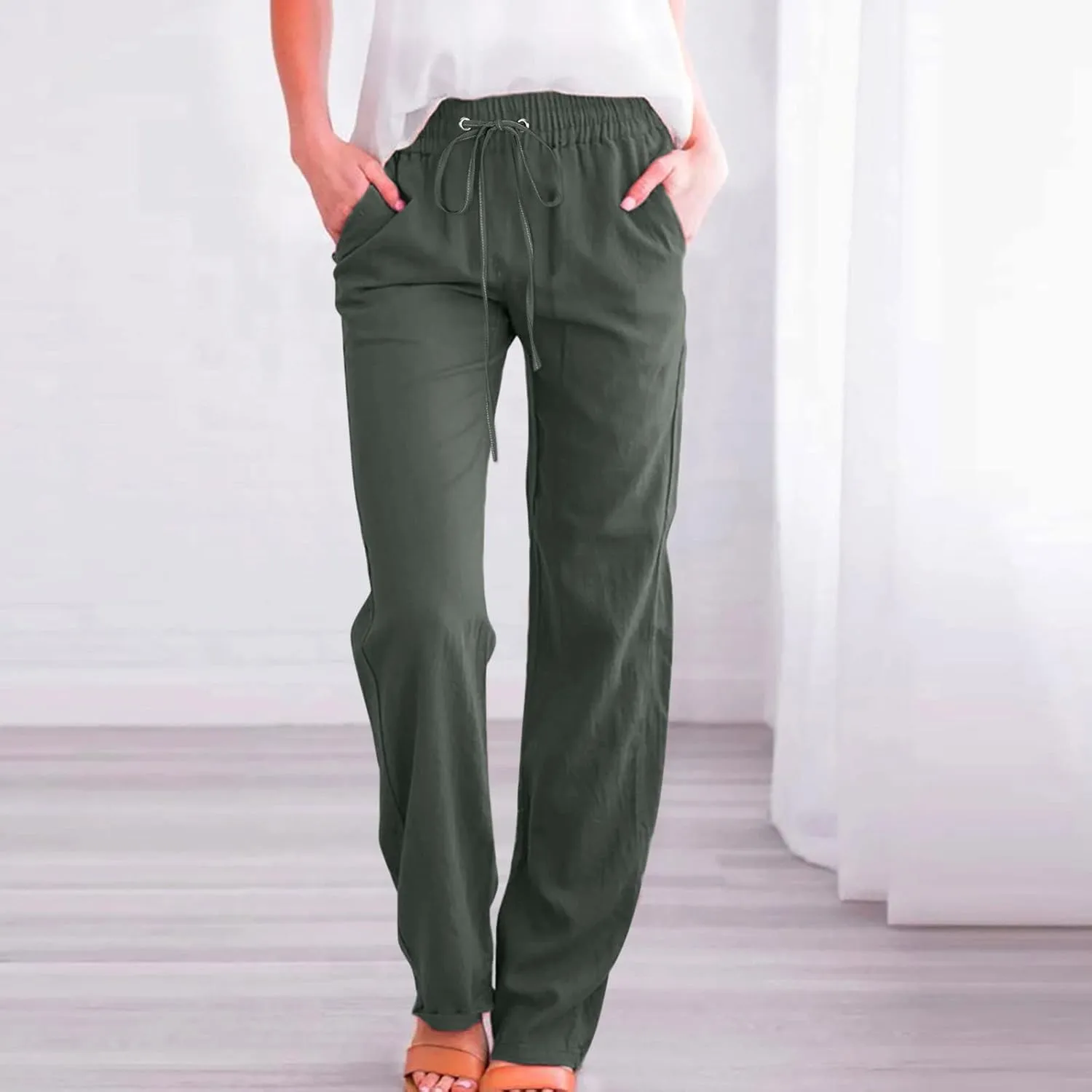 RKSTN High Waisted Wide Leg Pants for Women Casual Drawstring Elastic Trousers with Pockets Cotton Linen Long Pants