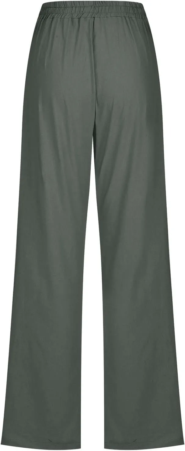 RKSTN High Waisted Wide Leg Pants for Women Casual Drawstring Elastic Trousers with Pockets Cotton Linen Long Pants