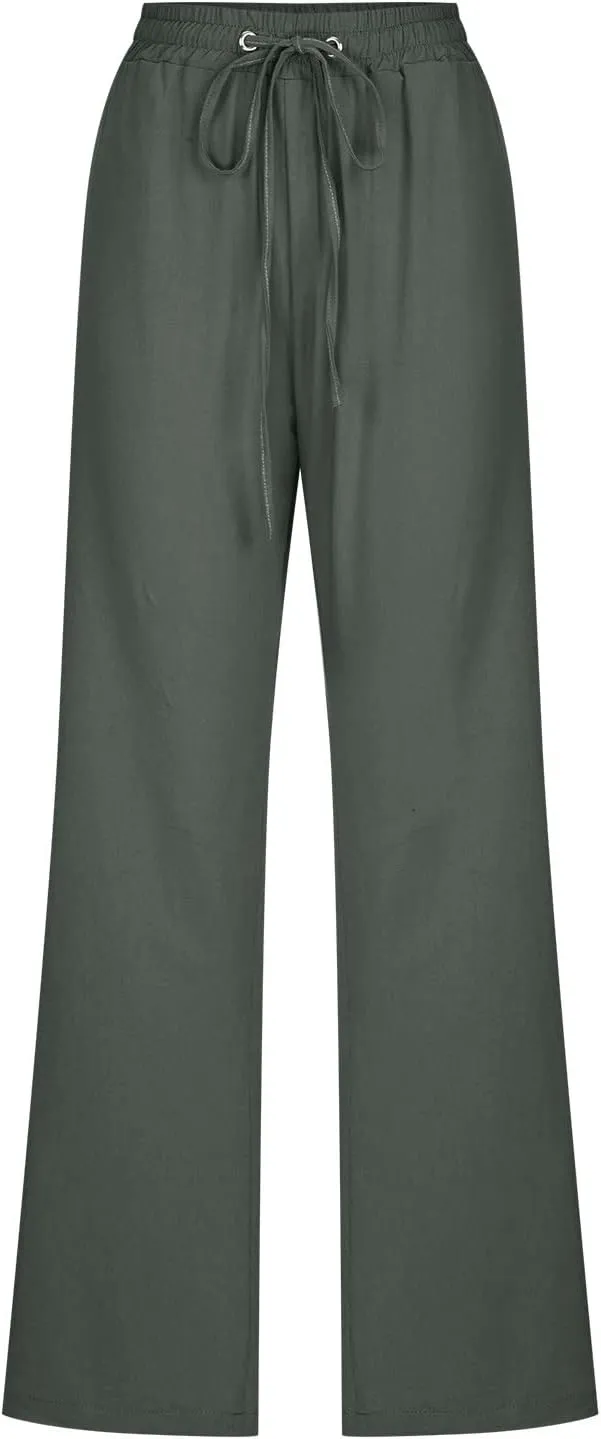 RKSTN High Waisted Wide Leg Pants for Women Casual Drawstring Elastic Trousers with Pockets Cotton Linen Long Pants